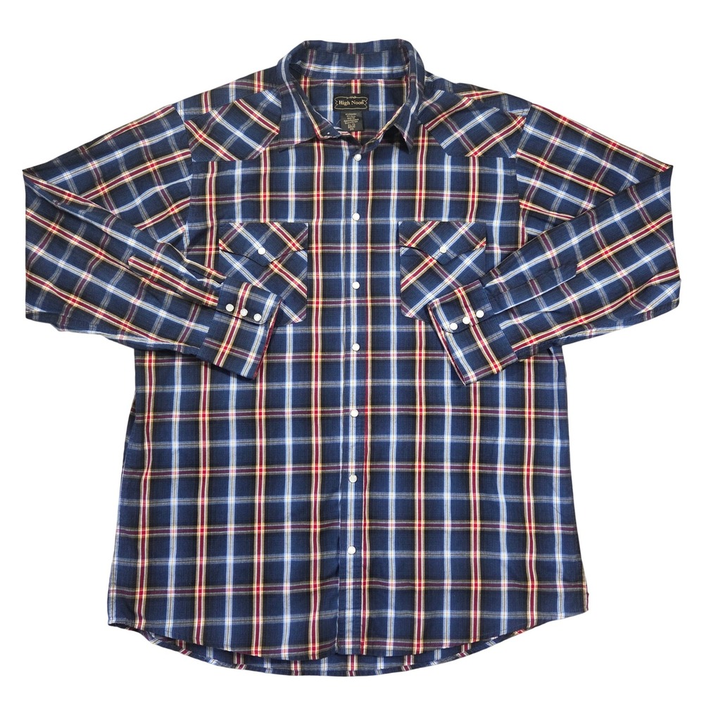 High Noon Mens XL Tall Blue Plaid Western Pearl Snap Long Sleeve Shirt B05110‎